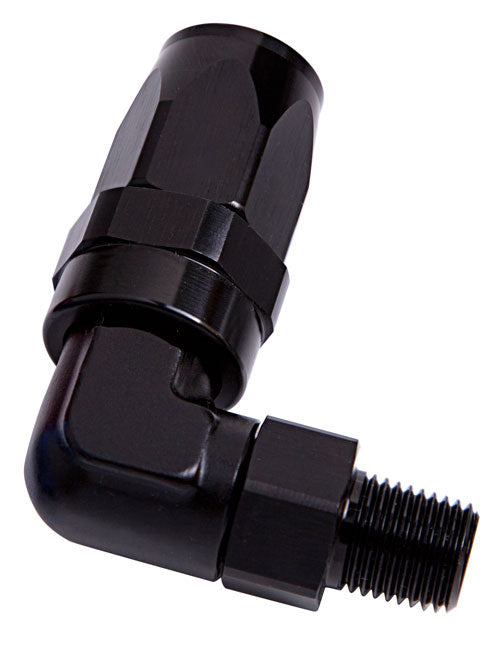 MALE 1/2" NPT 90 DEG TO -8AN BLACK FULL SWIVEL 90 DEG