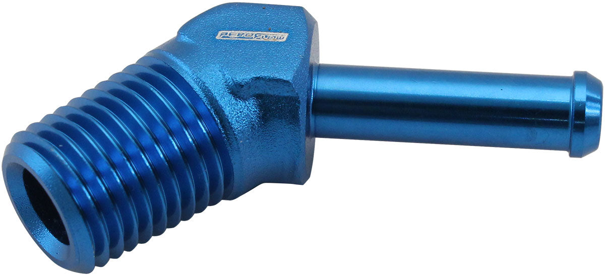 MALE 1/4" NPT TO 1/4" BARB BLUE 45 DEGREE MALE TO MALE